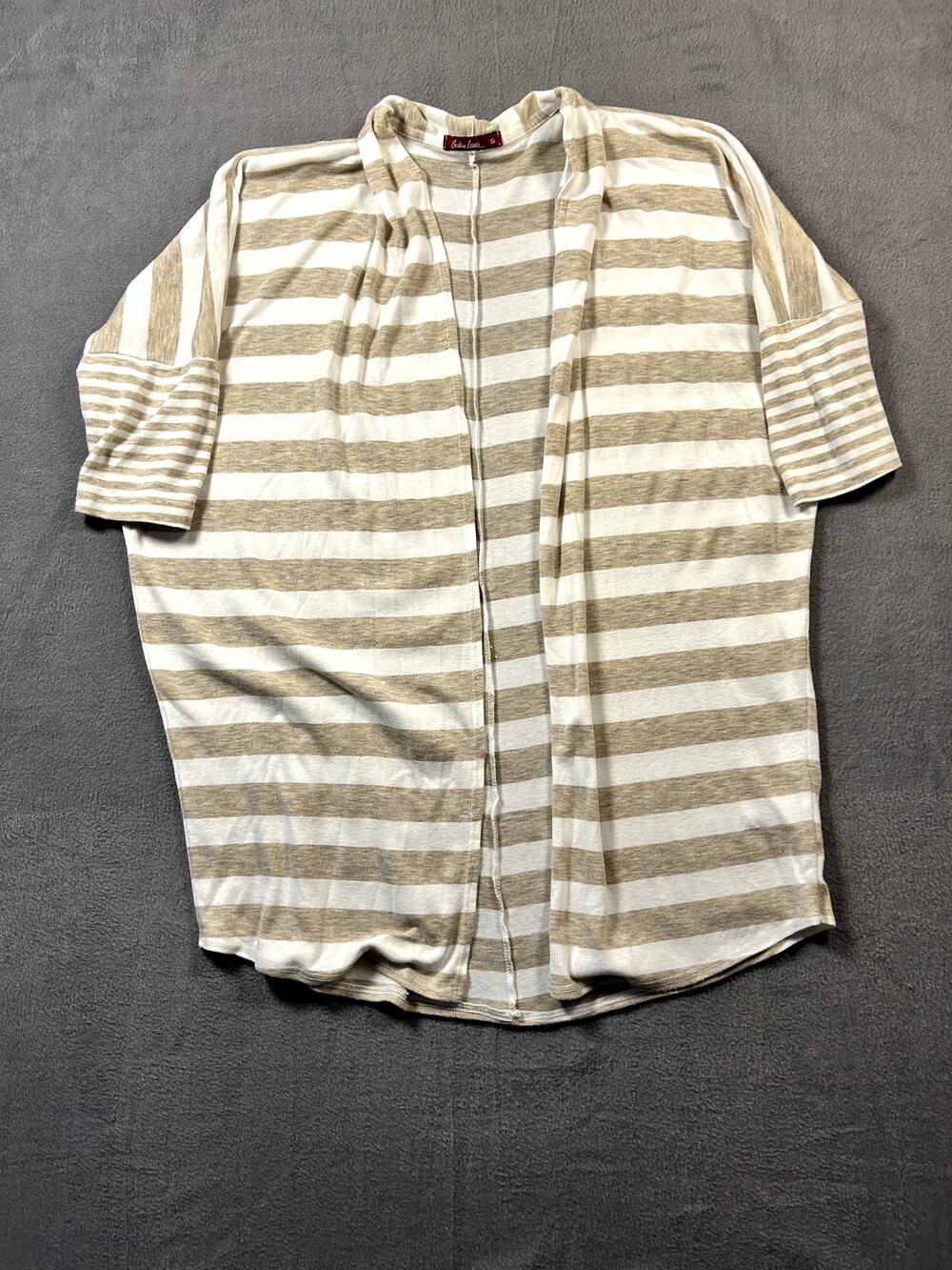 Barbara Lesser Small S Beige Cream Striped Open Front Short Sleeve Cardigan Top